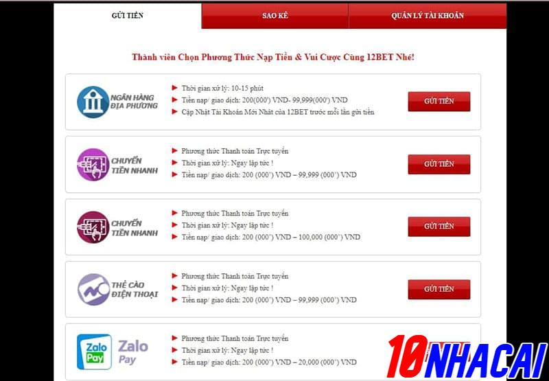 Hình thức hỗ trợ giao dịch gửi tiền tại 12Bet